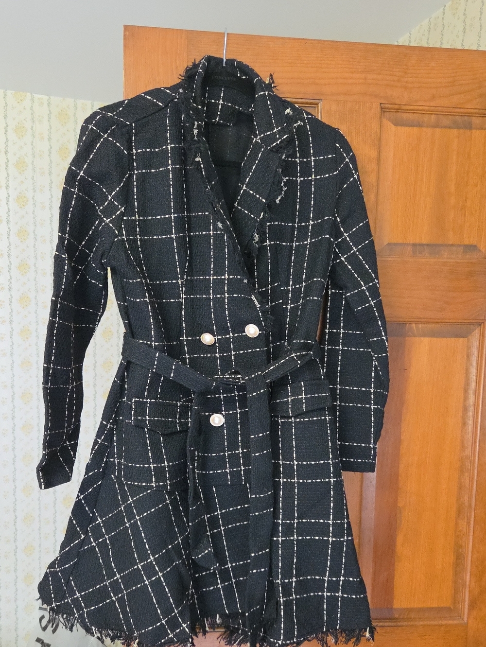 SHEIN Black Windowpane Belted Trench Coat
